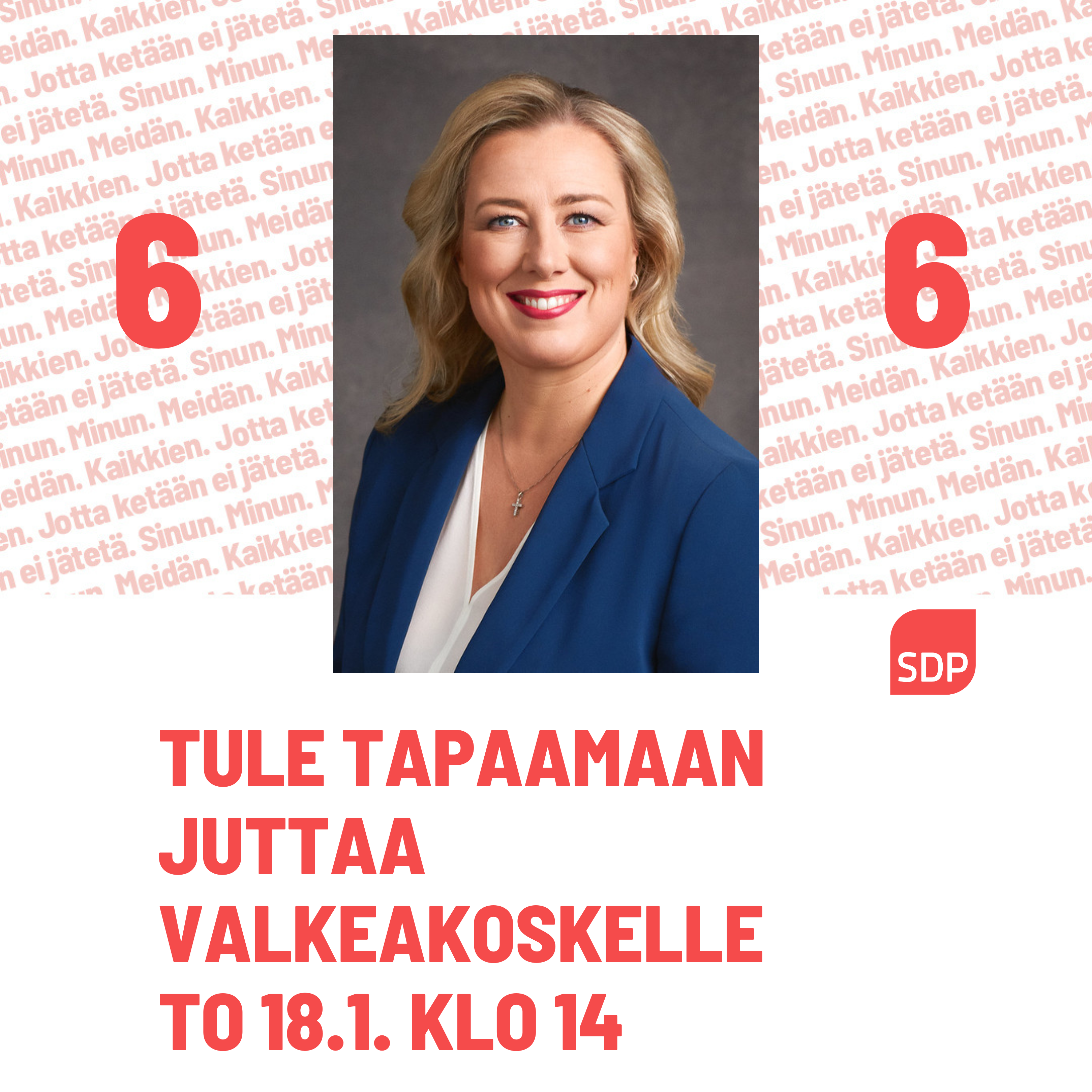 Jutta Urpilainen Valkeakoskella 18.1. klo 14